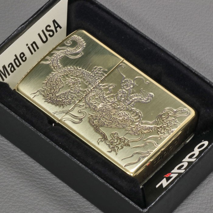 ブラスポリッシュ 父の日zippo(ジッポーライター)和柄 龍 真鍮古