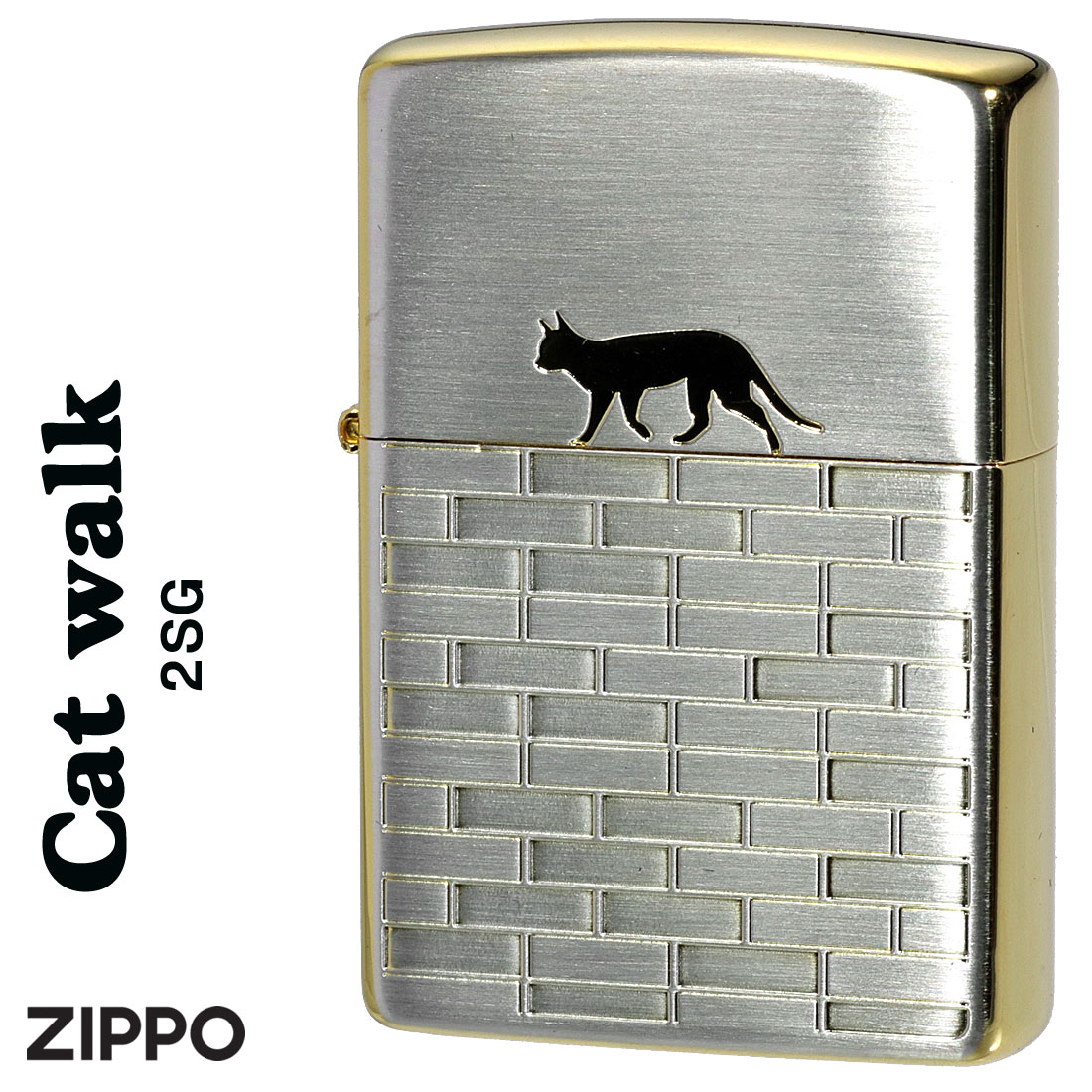 ZIPPO(ジッポーライター)CAT walk SGサテン　エッチング　両面加工　猫　ネコ　おしゃれ　かわいい メンズ　レディース　ギフト  送料無料（ネコポス対応）