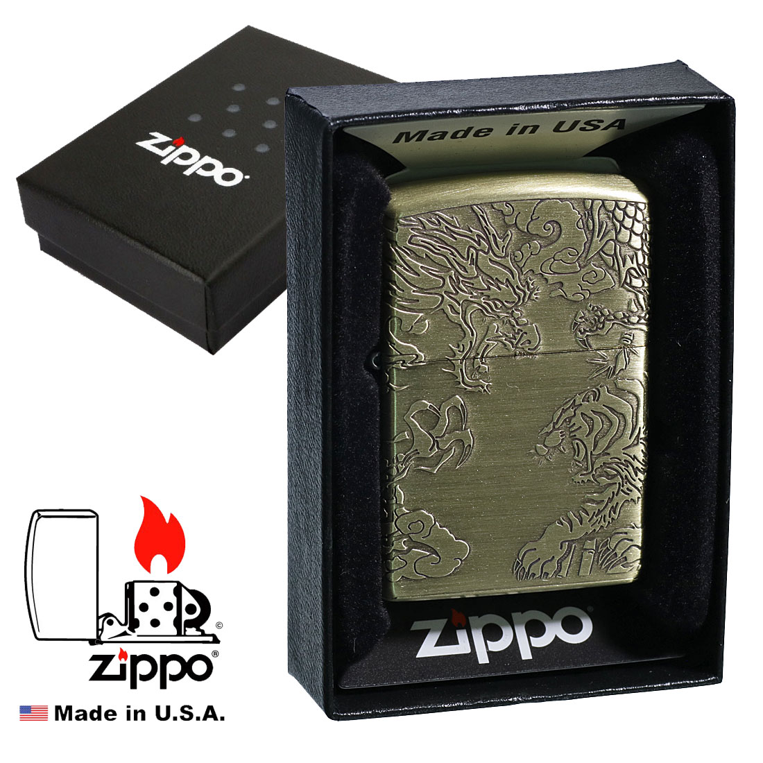 zippo(ジッポーライター)龍虎　4面連続デザイン　ブラス　真鍮　エッチング　おしゃれ　かっこいい メンズ　ギフト プレゼント　 送料無料（ネコポス対応）