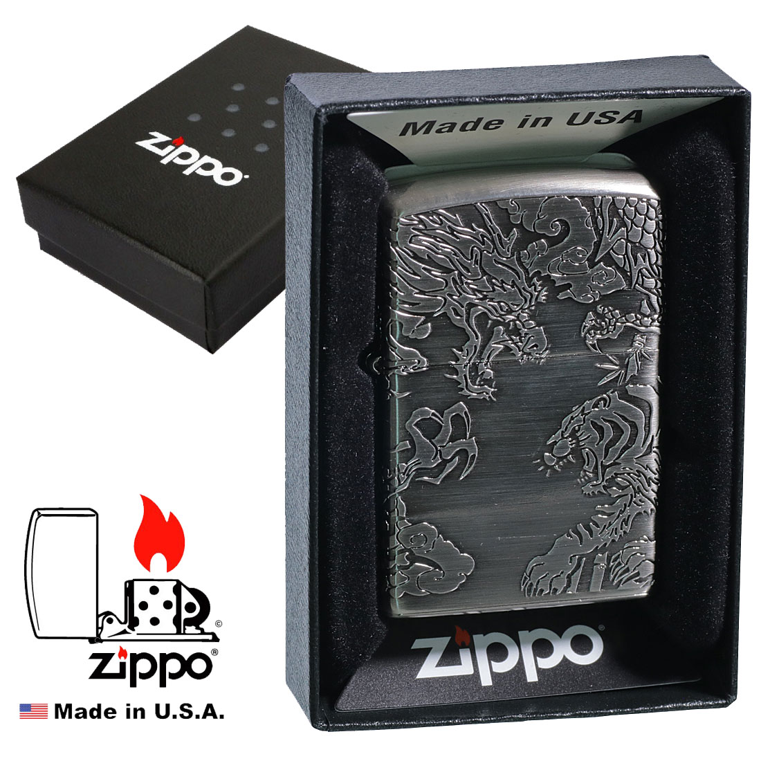 zippo(ジッポーライター)龍虎 4面連続デザイン ニッケル エッチング