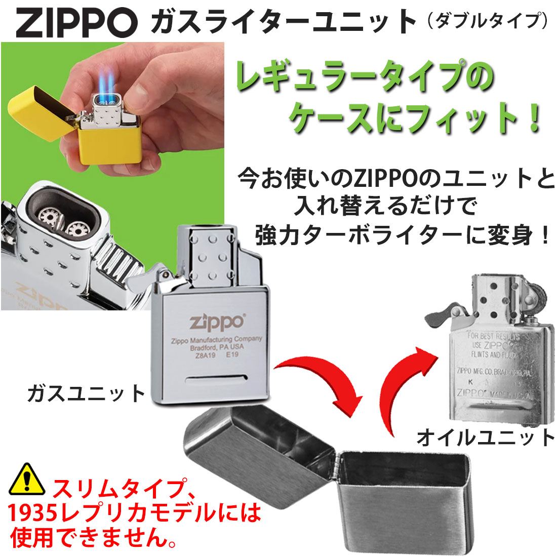 父の日：ジッポー ZIPPO 純正　ガスライターインサイドユニット ダブルトーチ(ガスなし)　65858 送料無料（ネコポス発送のみ）