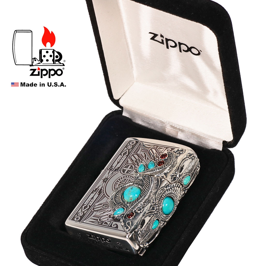 父の日：zippo(ジッポーライター)インディアンスピリット フェザー 天然石 ターコイズ・ガーネット入りメタル貼り IS-FE  プレゼント  送料無料｜jackal｜05