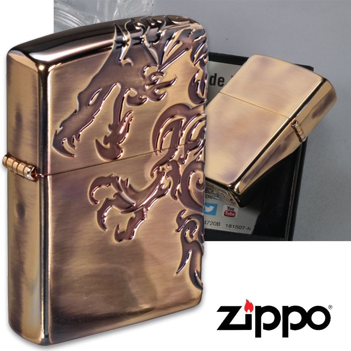 zippo(ジッポーライター)三面連続深彫りエッチング STREAM DORAGON A 真鍮古美仕上げG・タンク ジッポ zippo（ネコポス対応）