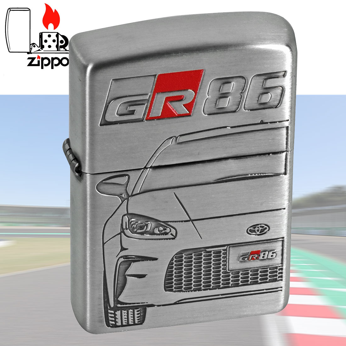 zippo(ジッポー)TOYOTA 　GR86 トヨタ自動車公式認定 銀サテン古美両面エッチング+一部色入れ メンズ カッコイイ ギフト（ネコポス対応）