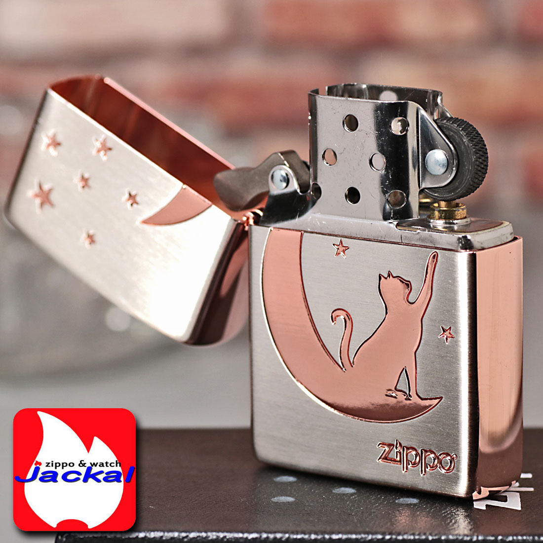 ZIPPO ジッポーライター月とネコ シルバーサテン ピンクゴールド エッチング TUKINEKO-SV 送料無料 ネコポス可の画像