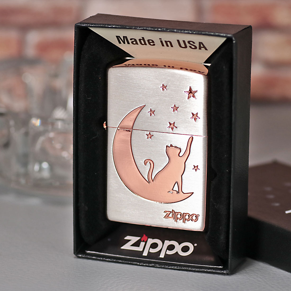 ZIPPO ジッポーライター月とネコ シルバーサテン ピンクゴールド エッチング TUKINEKO-SV 送料無料 ネコポス可の画像