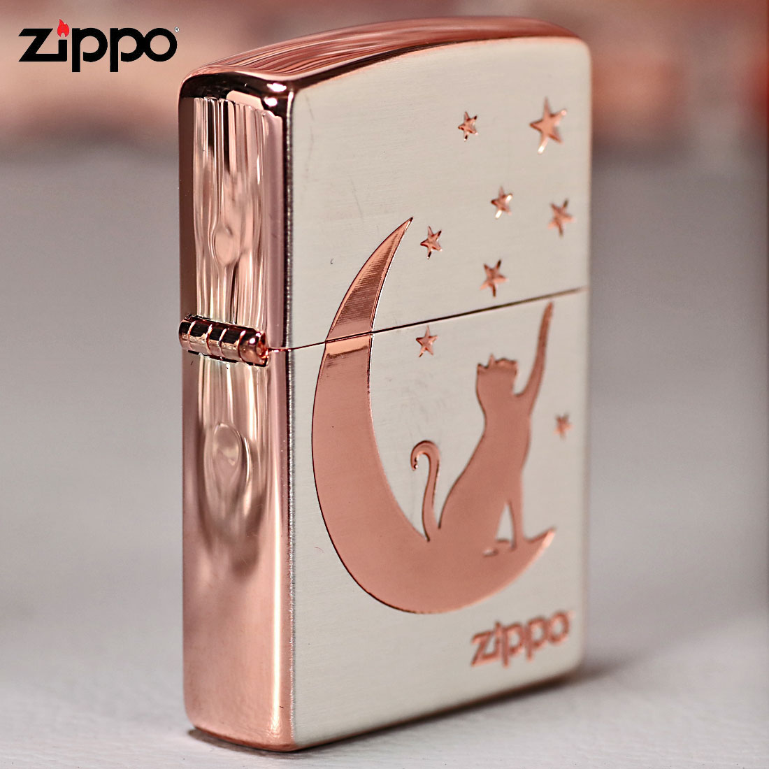 ZIPPO ジッポーライター月とネコ シルバーサテン ピンクゴールド エッチング TUKINEKO-SV 送料無料 ネコポス可の画像
