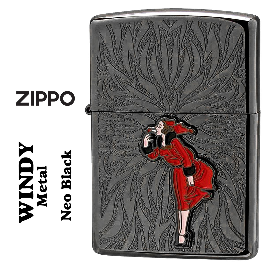 zippo(ジッポーライター)大人気「WINDY」メタル貼り　ネオブラック エッチング　WINDY-Metal-NB キュート レトロ ギフト  送料無料（クロネコゆうパケット可）