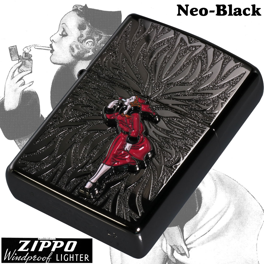 zippo(ジッポーライター)大人気「WINDY」メタル貼り　ネオブラック エッチング　WINDY-Metal-NB キュート レトロ ギフト  送料無料（クロネコゆうパケット可）