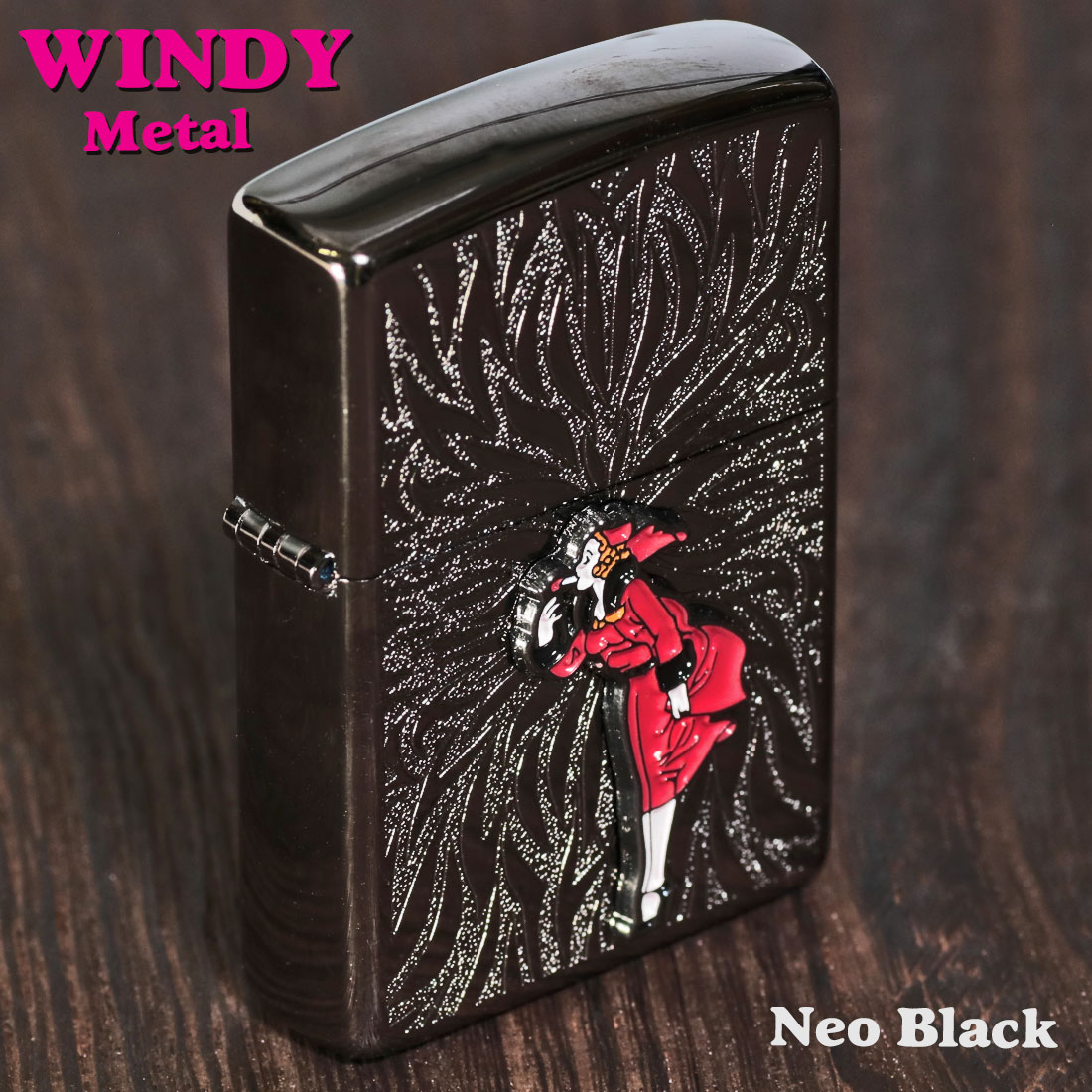 zippo(ジッポーライター)大人気「WINDY」メタル貼り ネオブラック 