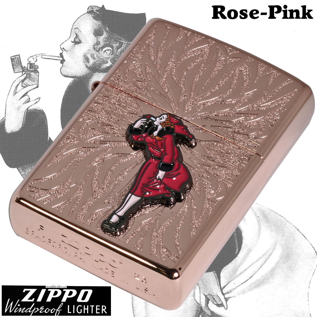 zippo(ジッポーライター)大人気「WINDY」メタル貼り　ローズピンク エッチング　WINDY-Metal-RP キュート レトロ ギフト　 送料無料 （ネコポス可）