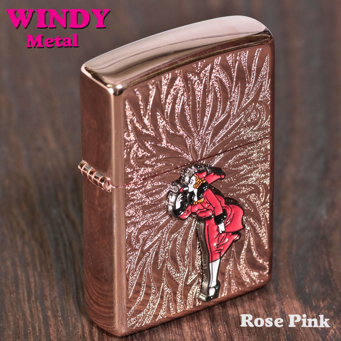 zippo(ジッポーライター)大人気「WINDY」メタル貼り　ローズピンク エッチング　WINDY-Metal-RP キュート レトロ ギフト　 送料無料 （ネコポス可）