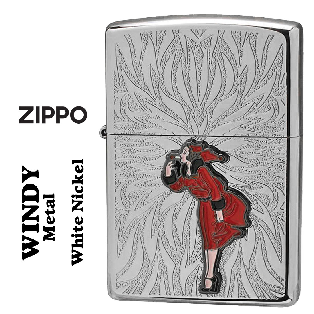zippo(ジッポーライター)大人気「WINDY」メタル貼り　ホワイトニッケル エッチング　WINDY-Metal-WN キュート レトロ 送料無料  （ネコポス対応）
