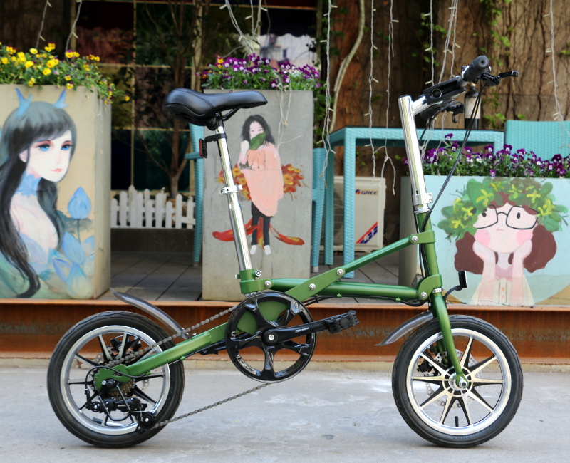 自転車 折畳 グリーン 14インチ 折りたたみ自転車 シマノ製7段ギア 変速 軽量 安い 緑 小径車 ミニベロ プレゼント ギフト
