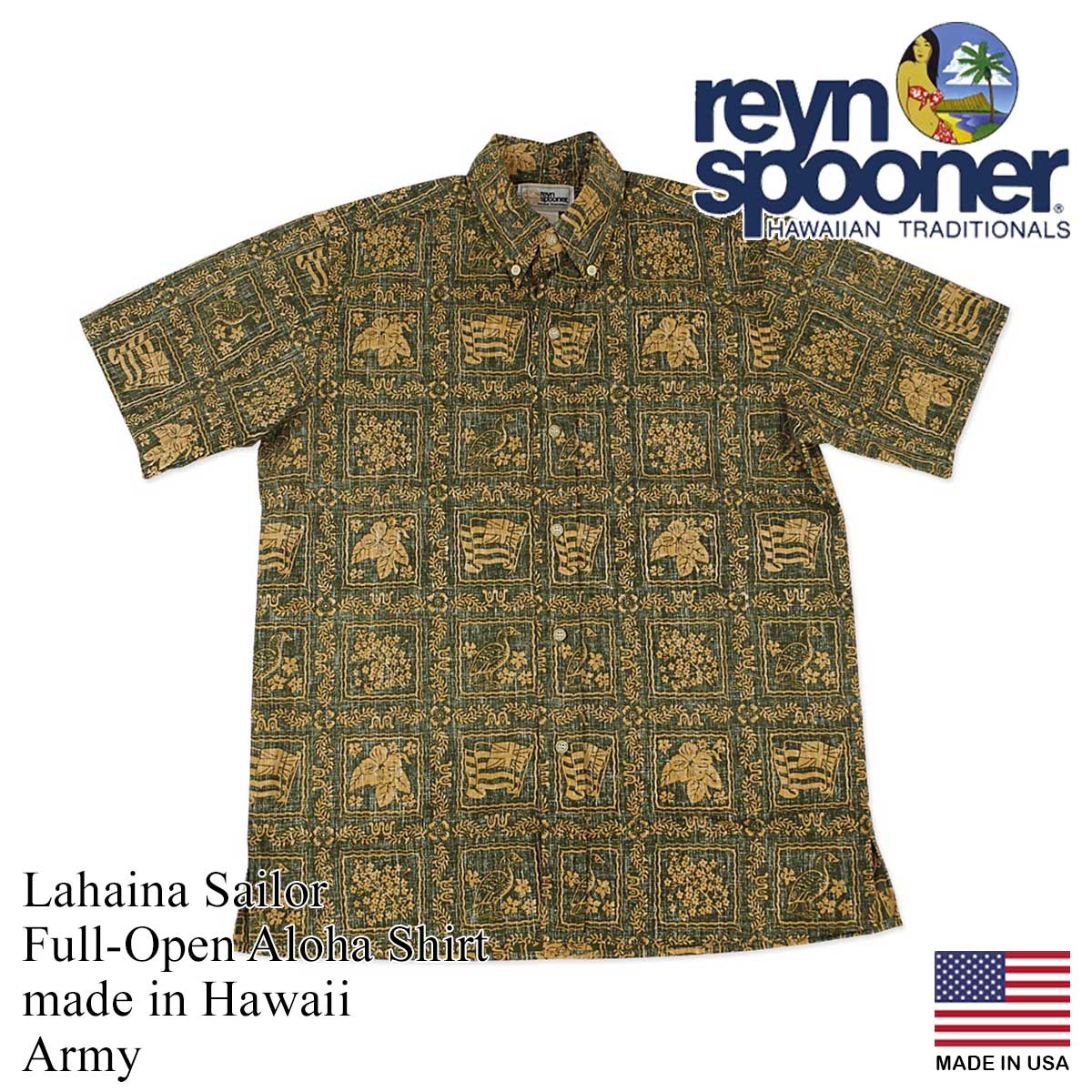 レインスプーナー REYN SPOONER 半袖 アロハシャツ フルオープン ラハイナセイラー ハワイ製 アメリカ製 米国製 LAHAINA  SAILOR 金タグ