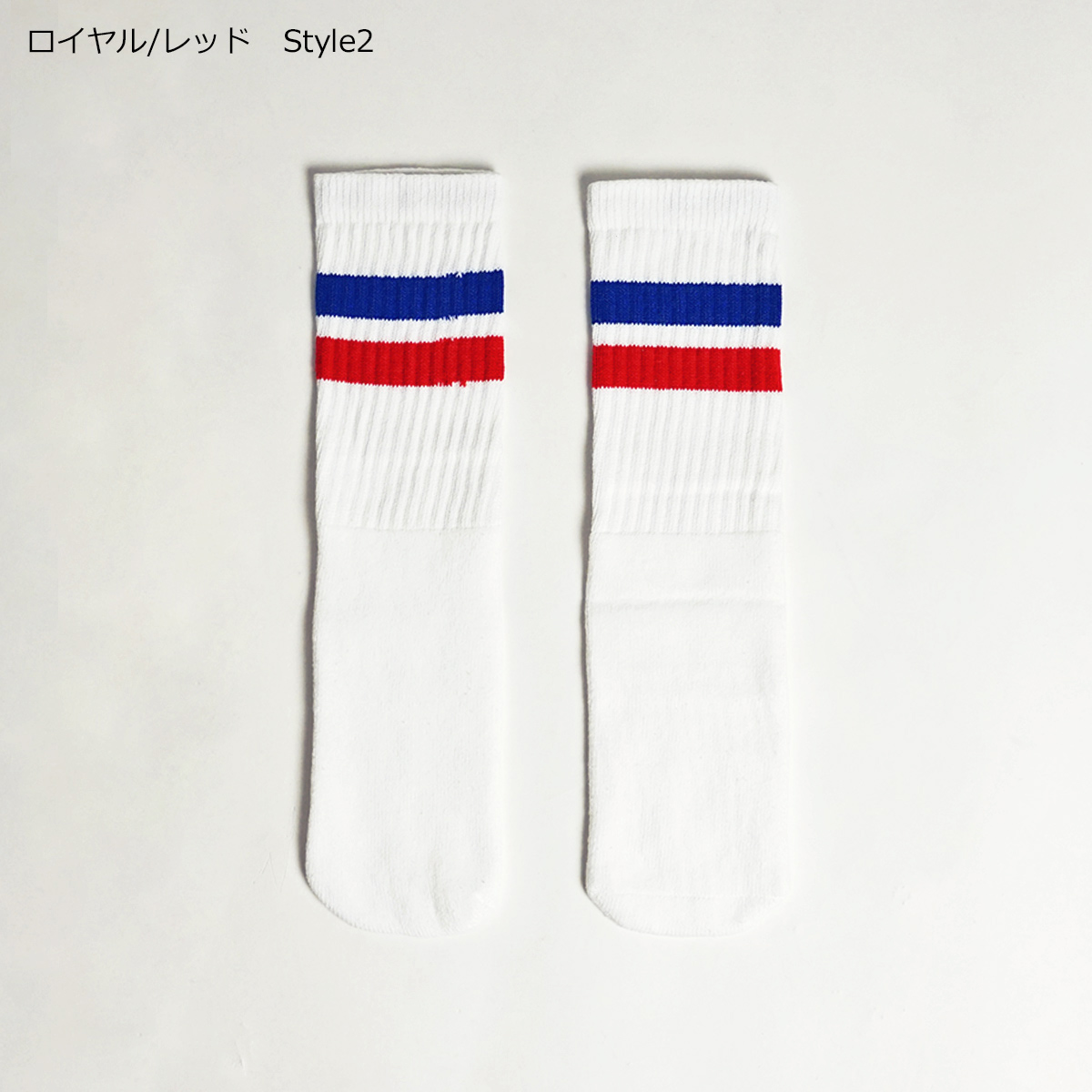 Thigh high White tube socks with Royal Blue and Red stripes style 1