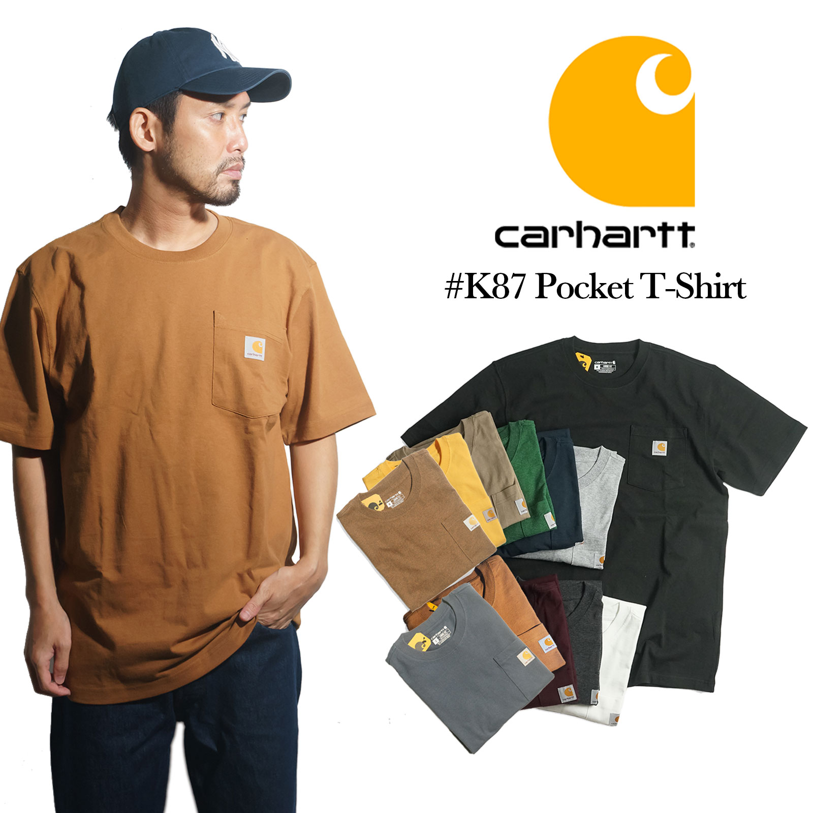 カーハート Carhartt K87 半袖 ポケット Tシャツ ｜ メンズ ポケT ヘビーウエイト ポケットTシャツ 6.75オンス 厚手 ややゆったりのシルエット ワンポイント ロ