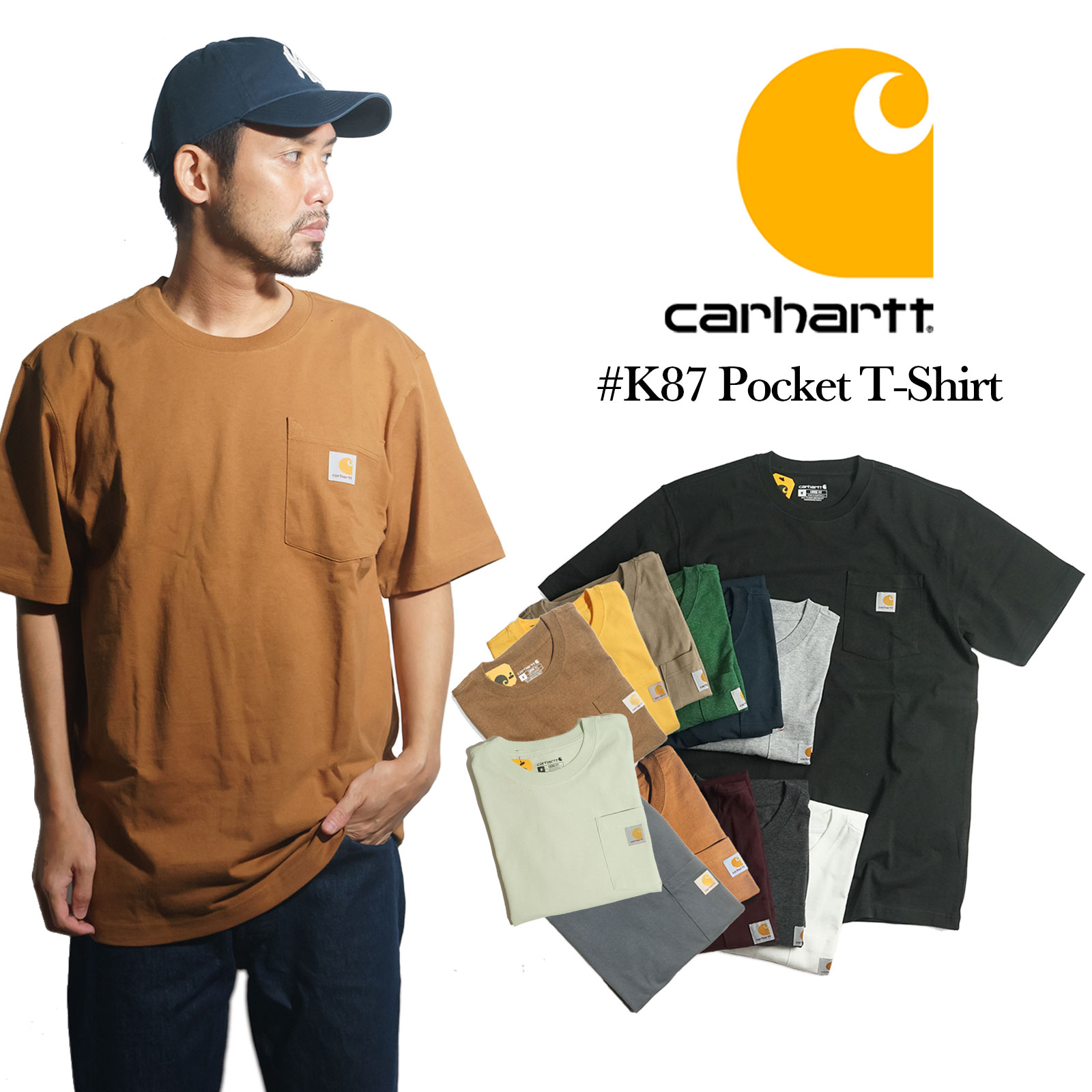 カーハート Carhartt K87 半袖 ポケット Tシャツ ｜ メンズ ポケT ヘビーウエイト ポケットTシャツ 6.75オンス 厚手  ややゆったりのシルエット ワンポイント ロ