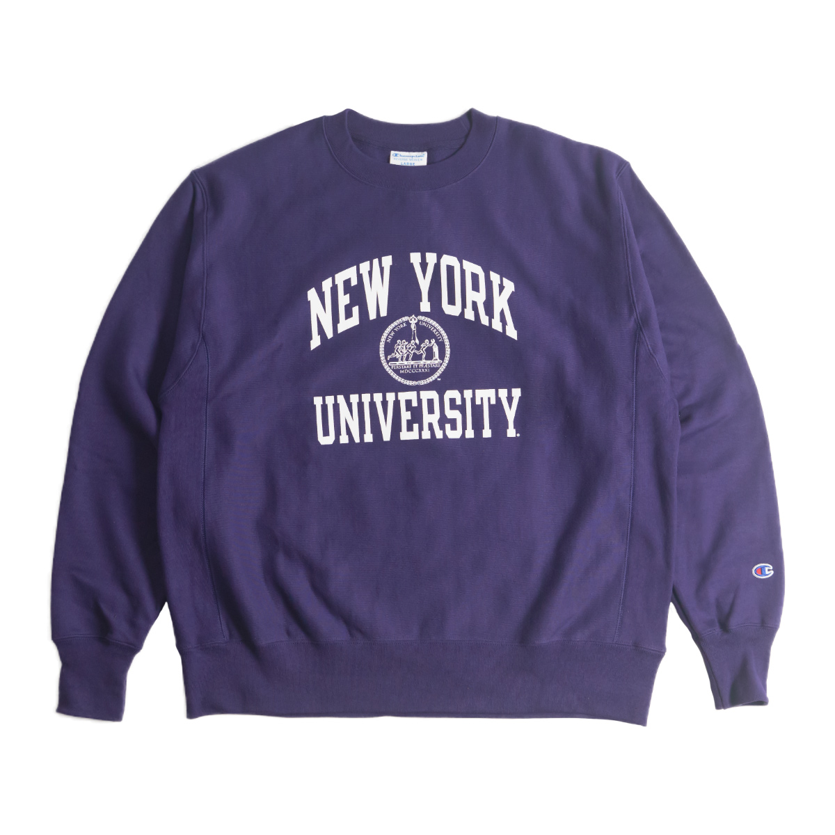 NEW YORK UNIVERSITY オフィシャルロゴスウェット チャンピオン リバースウィーブ｜メンズ L Champion カレッジスウェット  NYU ニューヨーク大学 海外買い付け