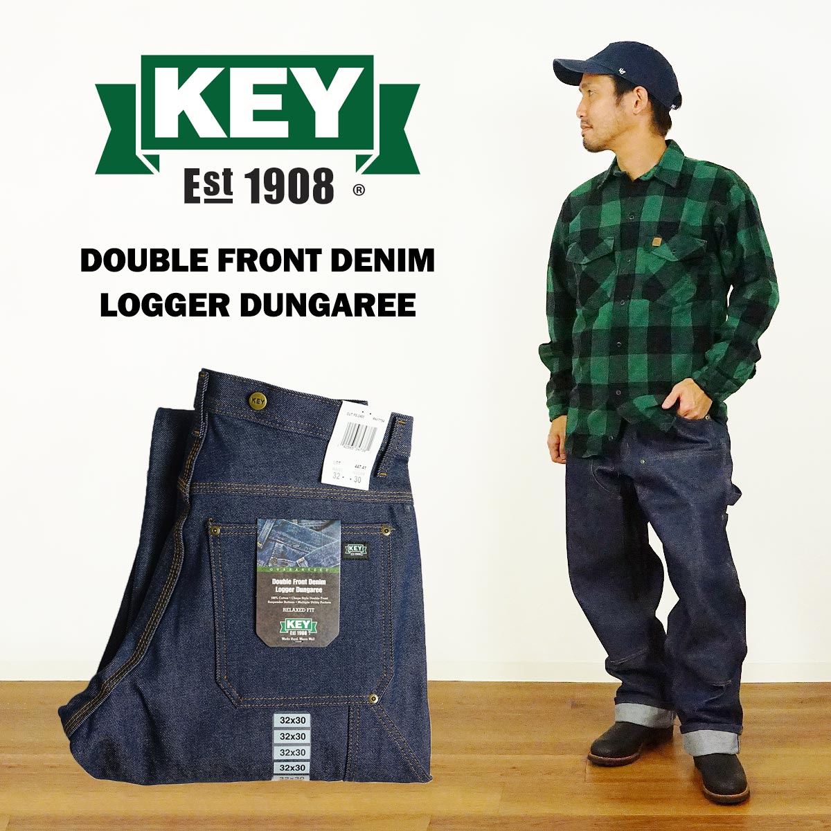 キー KEY ダブルフロント デニム ロガー ダンガリー パンツ447-41 メンズ 30-46 ダブルニー ペインターパンツ カーペンターパンツ 生デニム 14オンス | KEY