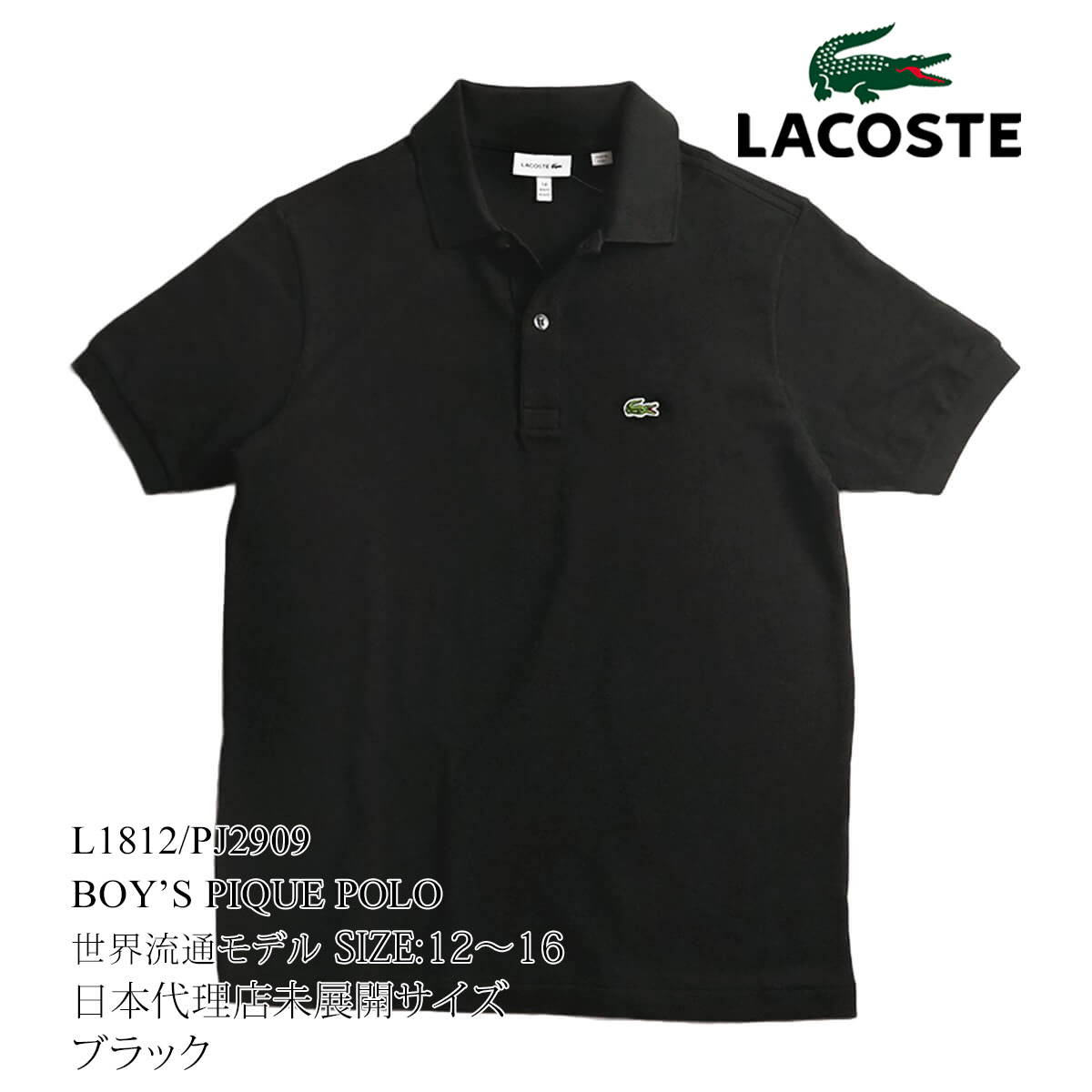 ラコステ LACOSTE PJ2909/L1812 ボーイズ 半袖 ポロシャツ 世界流通モデル ｜ 定番 鹿の子 Classic Pique Polo  綿 コットン100％ ホワイト ネイビー ブラック