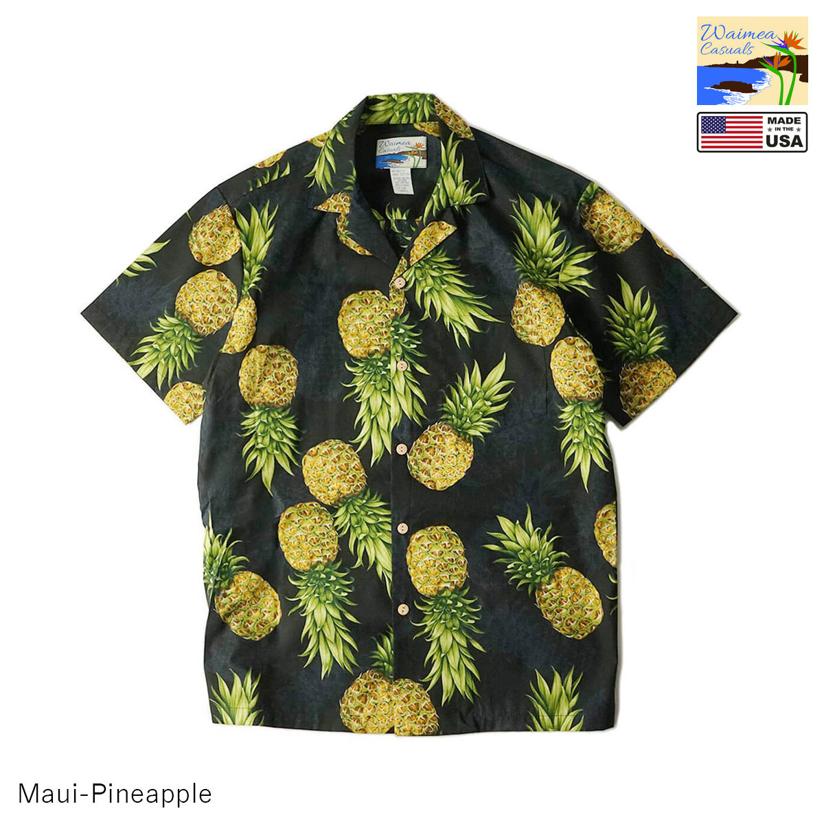 ワイメアカジュアル WAIMEA CASUALS アロハシャツ マウイパイナップルメンズ XS-XL ハワイ製 開襟 オープンカラー コットン  PARADISE FOUND アメリカ製