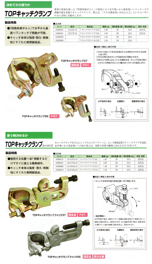 TOPキャッチクランプクイック３７ 自在 20個 鉄骨Ｈ鋼フランジと単管