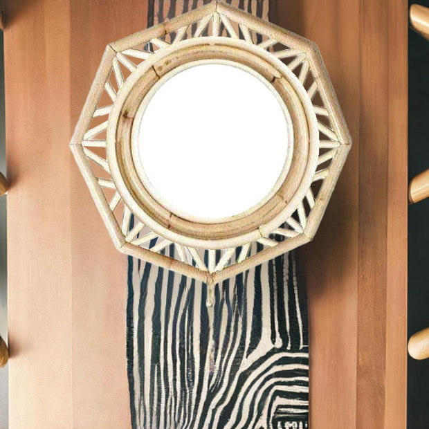 鏡 ミラー ラタン 壁掛けミラー 8角 木製 おしゃれ モダン 籐