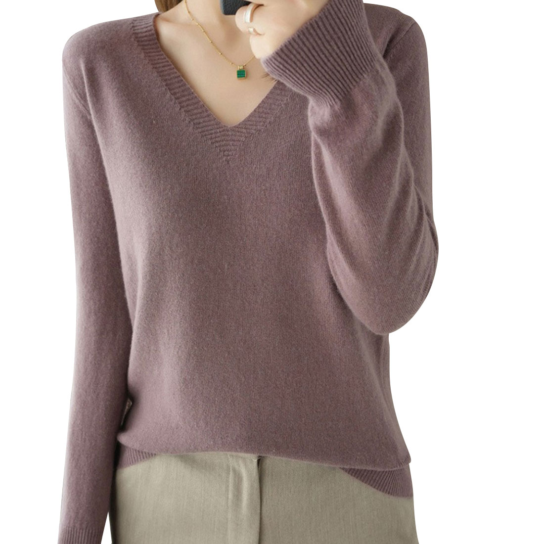 Vネックセーター レディース プルオーバー 無地 ウールセーター ニット