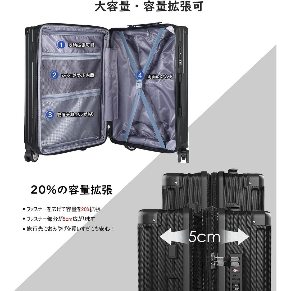 スーツケース 拡張機能付き 多機能 キャリーケース ストッパー付き USB