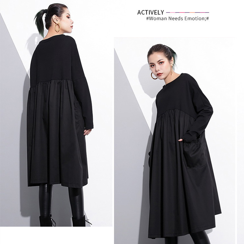 萌 モユル ワンピース 黒 ロング 長袖 異素材切替 M-Lサイズ z5-32 萌