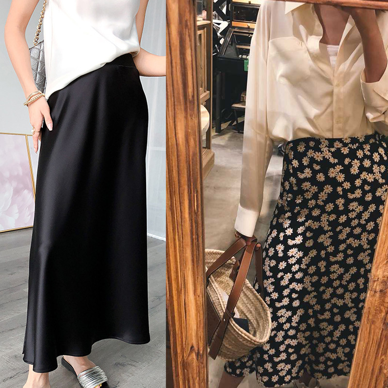 ロングスカート 花柄 サテン風 スカート 通学通勤 裏地付き Aライン