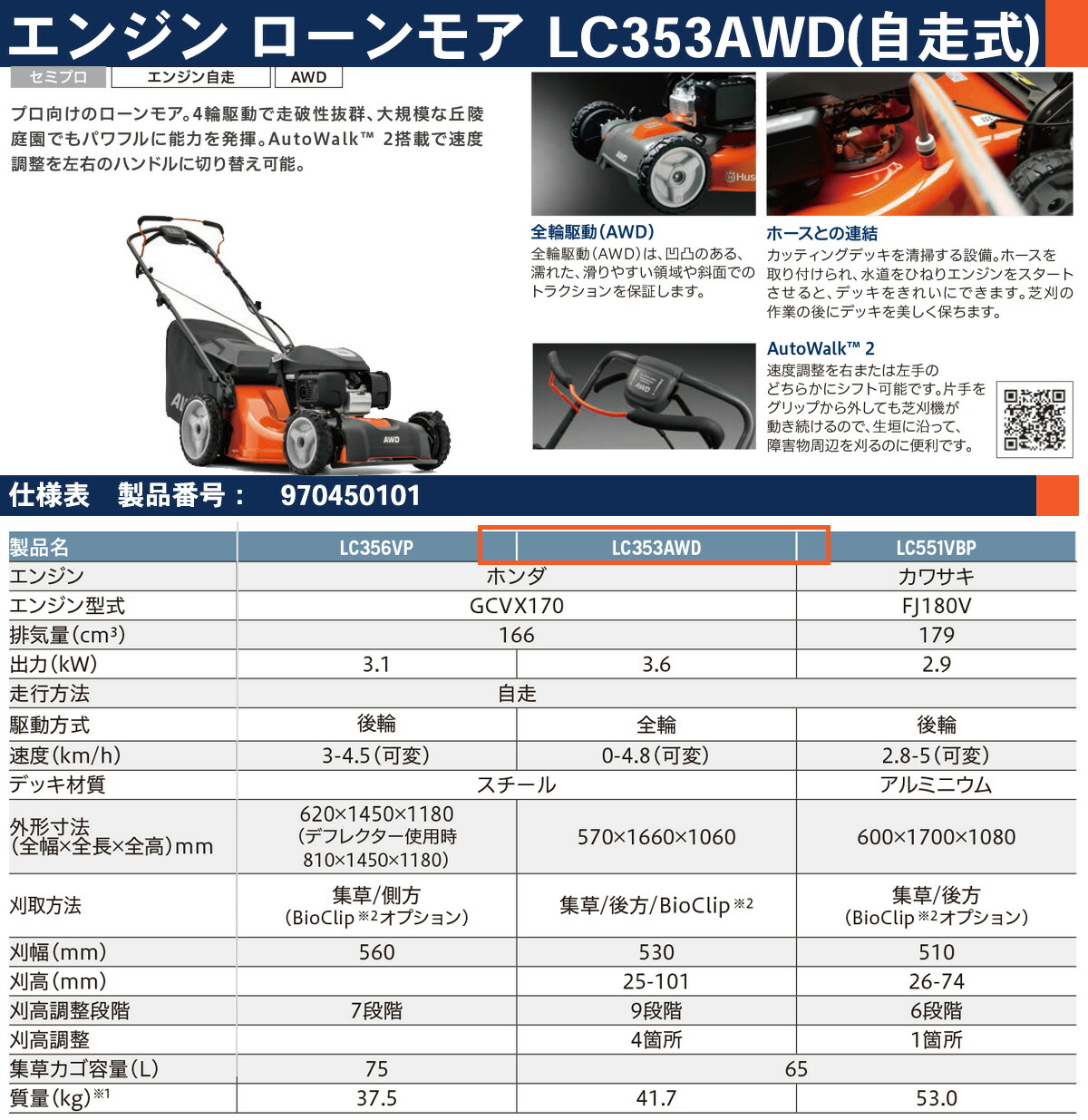 【代引不可】〈ハスクバーナ〉　エンジン　ローンモア　芝刈り機　LC353AWD(自走式)　 970450101