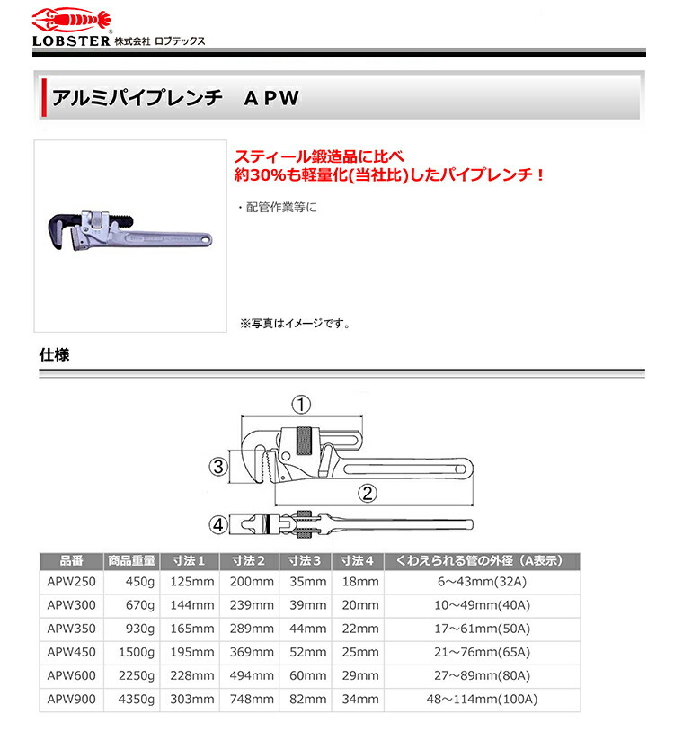 数量限定 〈ロブテックス〉アルミパイプレンチ APW250 :4963202021807:プロ工具のJapan-Tool 通販  