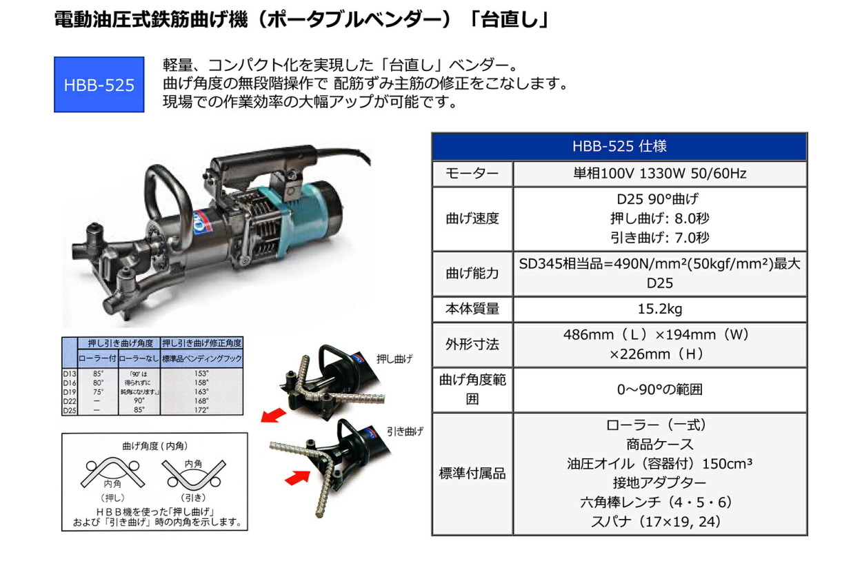 〈オグラ〉　電動油圧鉄筋ベンダー（ポータブルベンダー)　HBB-525