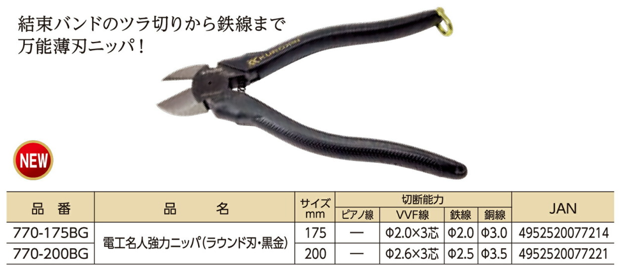 フジ矢 〈フジ矢〉KUROKIN 電工名人強力ニッパ（ラウンド刃・黒