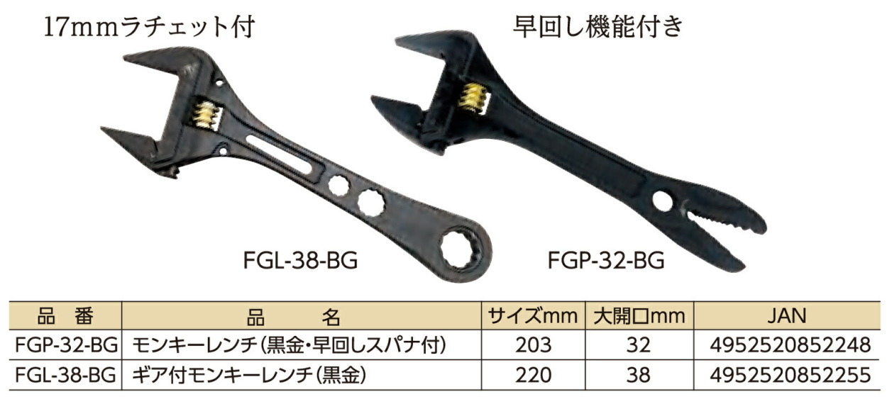 フジ矢〉KUROKIN ギア付モンキーレンチ（黒金） FGL-38-BG 220mm :4952520852255:プロ工具のJapan-Tool -  通販 - Yahoo!ショッピング