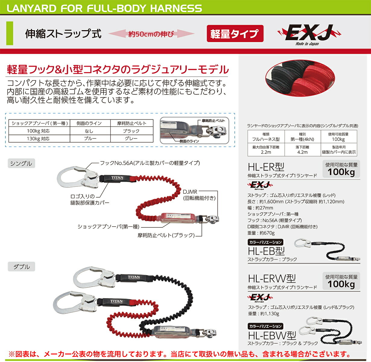 サンコー〉 ハーネス用ランヤード 伸縮ストラップ式（ダブル） HL-ERW