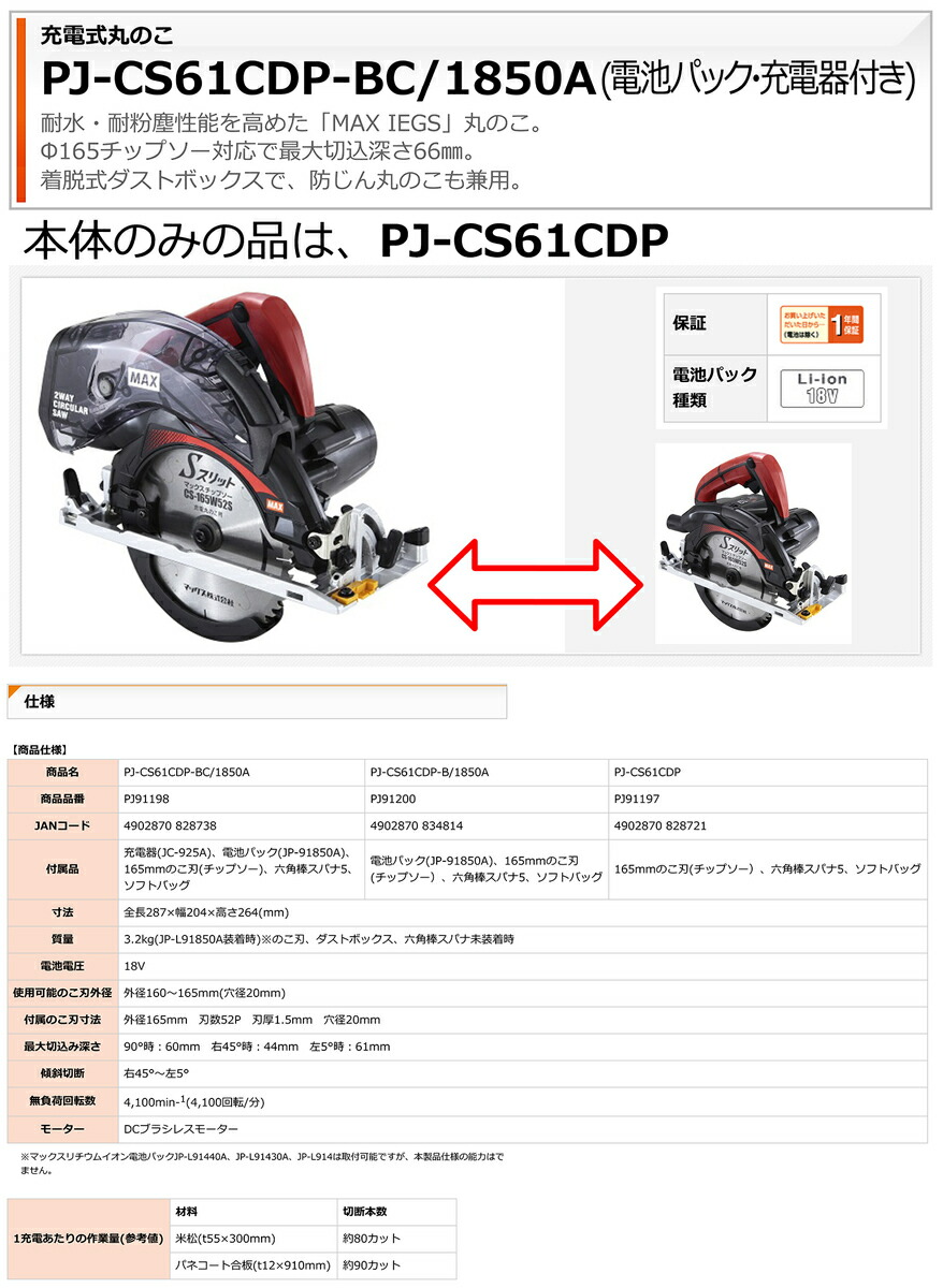 マックス（MAX） 【オススメ】マックス 充電丸ノコ PJ-CS61CDP（本体
