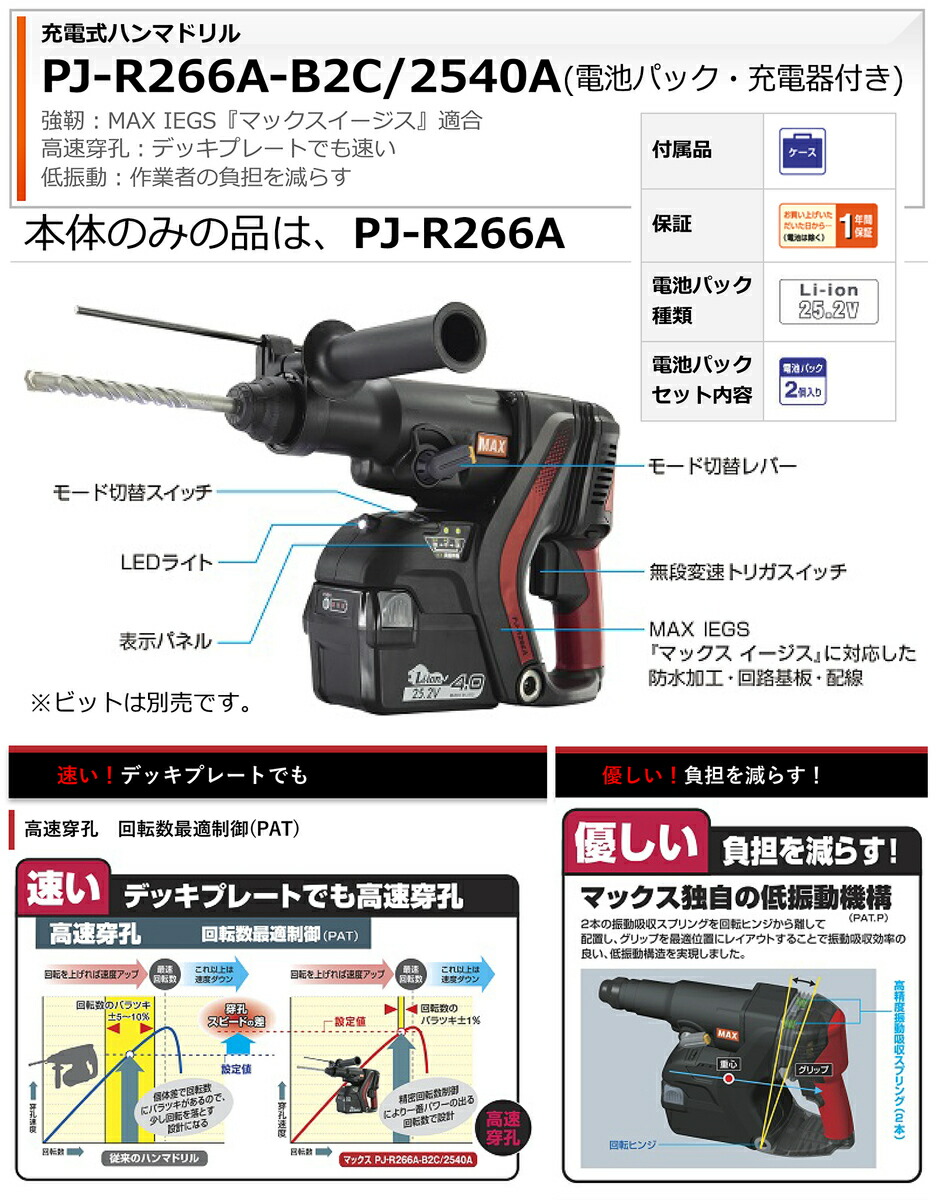 マックス(MAX) 充電式ブラシレスハンマドリル (本体のみ) PJ-R266A