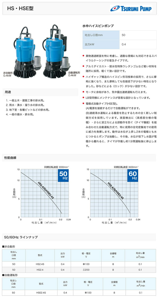 ツルミポンプ 〈ツルミ〉HS2.4S 水中ハイスピンポンプ 非自動型 50Hz用
