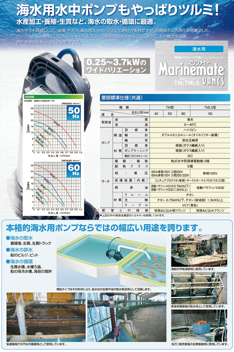 海水用】〈ツルミ〉海水用水中チタンポンプ 40TM2.25 60Hz【オススメ