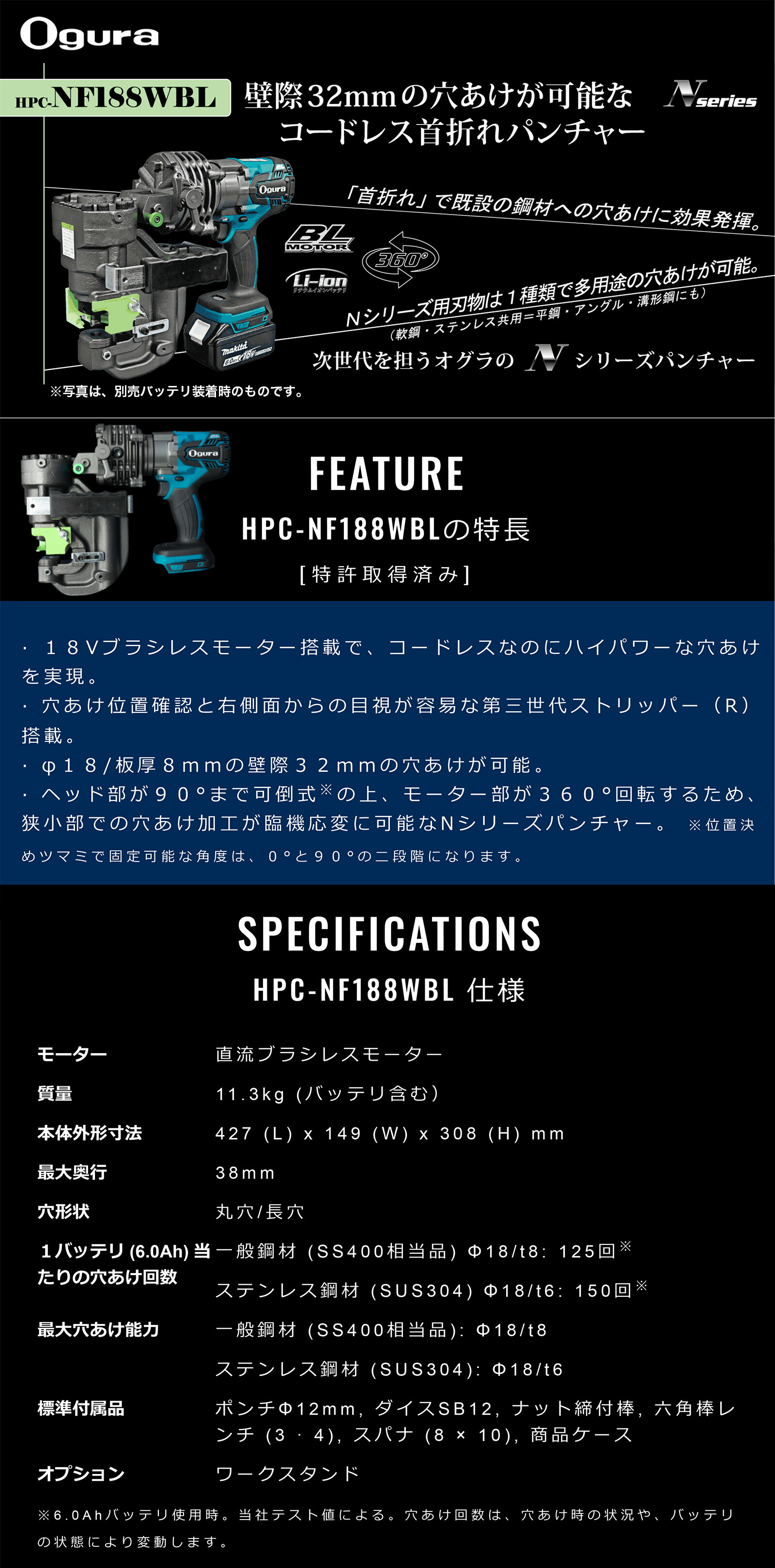 ポイント2倍〈オグラ〉コードレスパンチャー HPC-NF188WBL 本体+ケース 