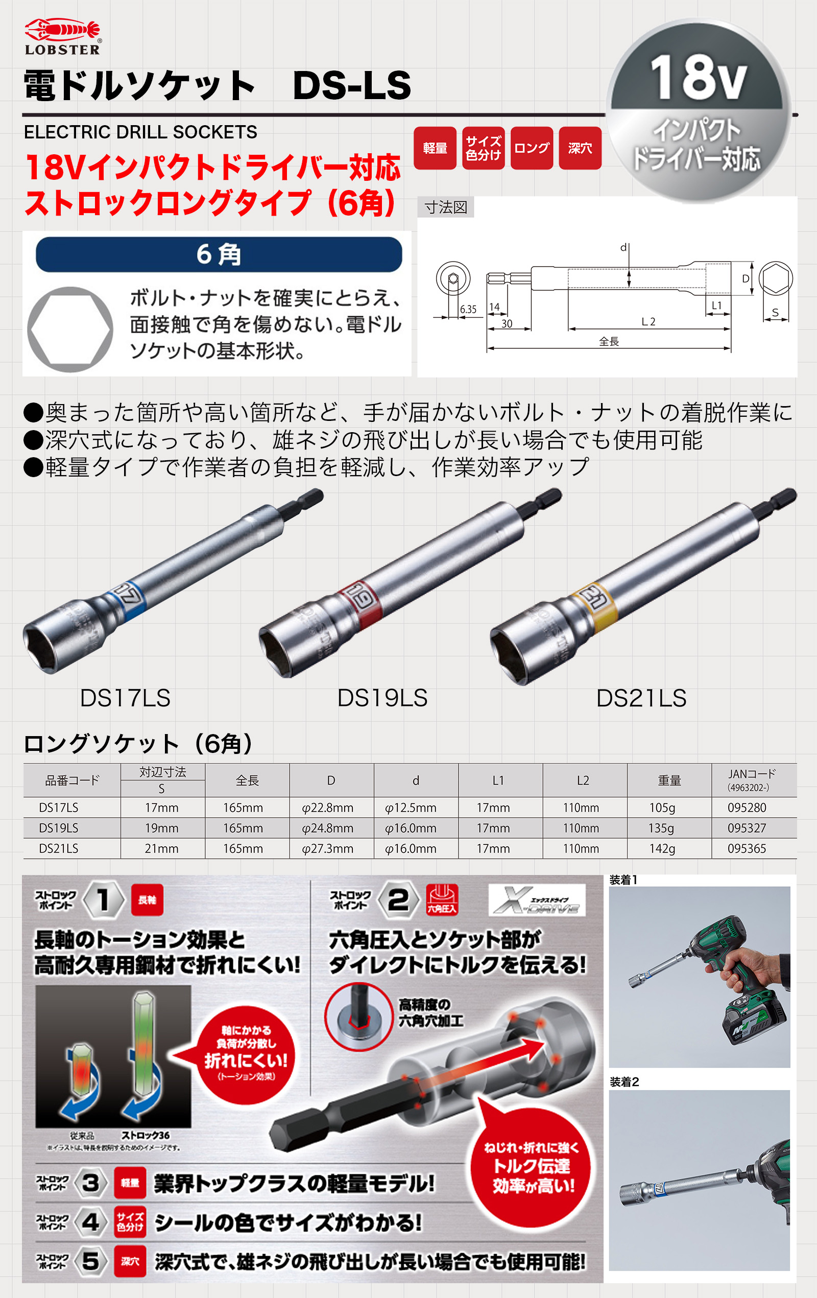 LOBSTER 〈ロブテックス〉電ドルソケット ロング6角 DS17LS 【オススメ