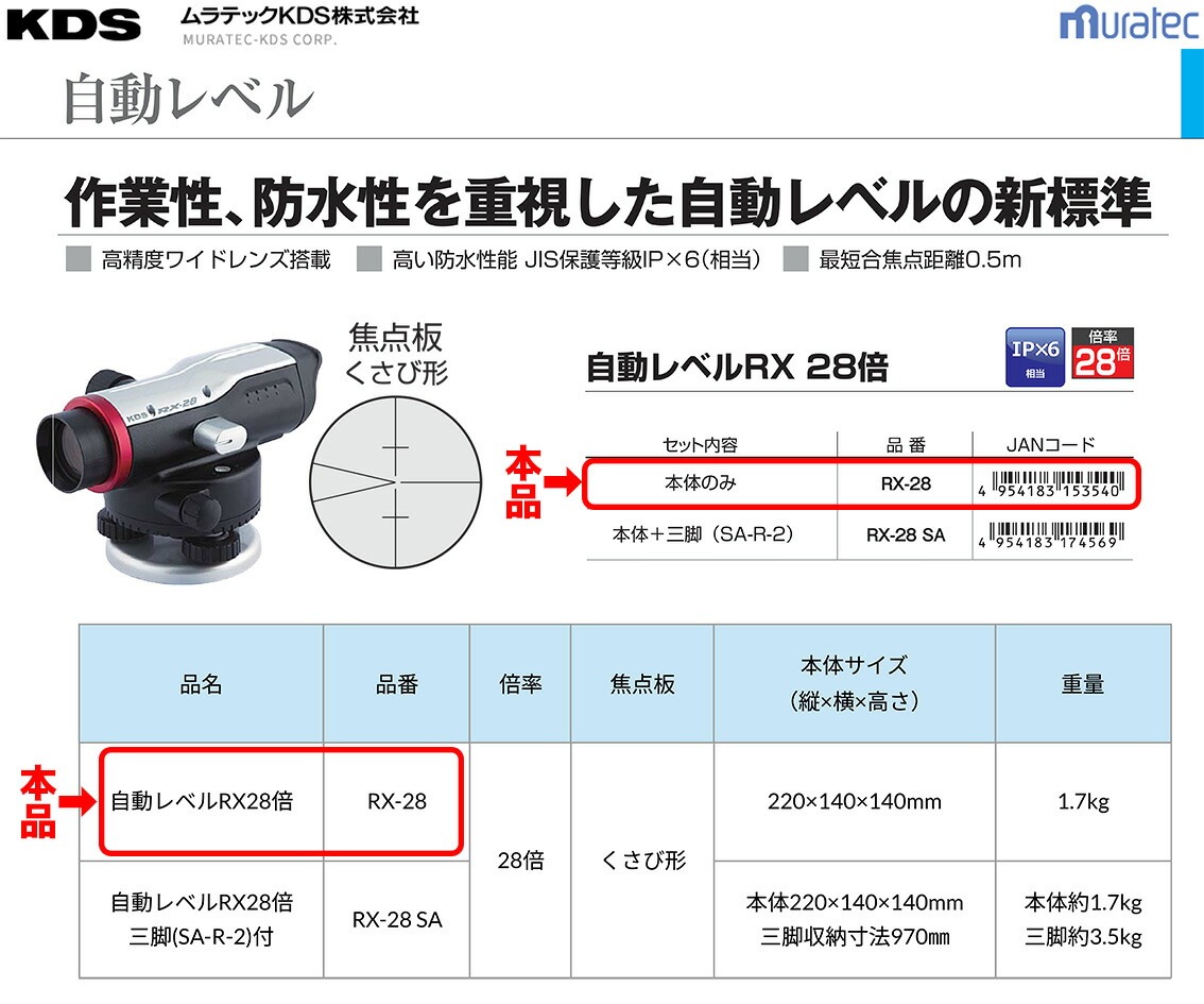 RTSさん専用 ムラテックKDS 〈KDS〉自動レベル 28倍 RX-28 【オススメ】 JAN