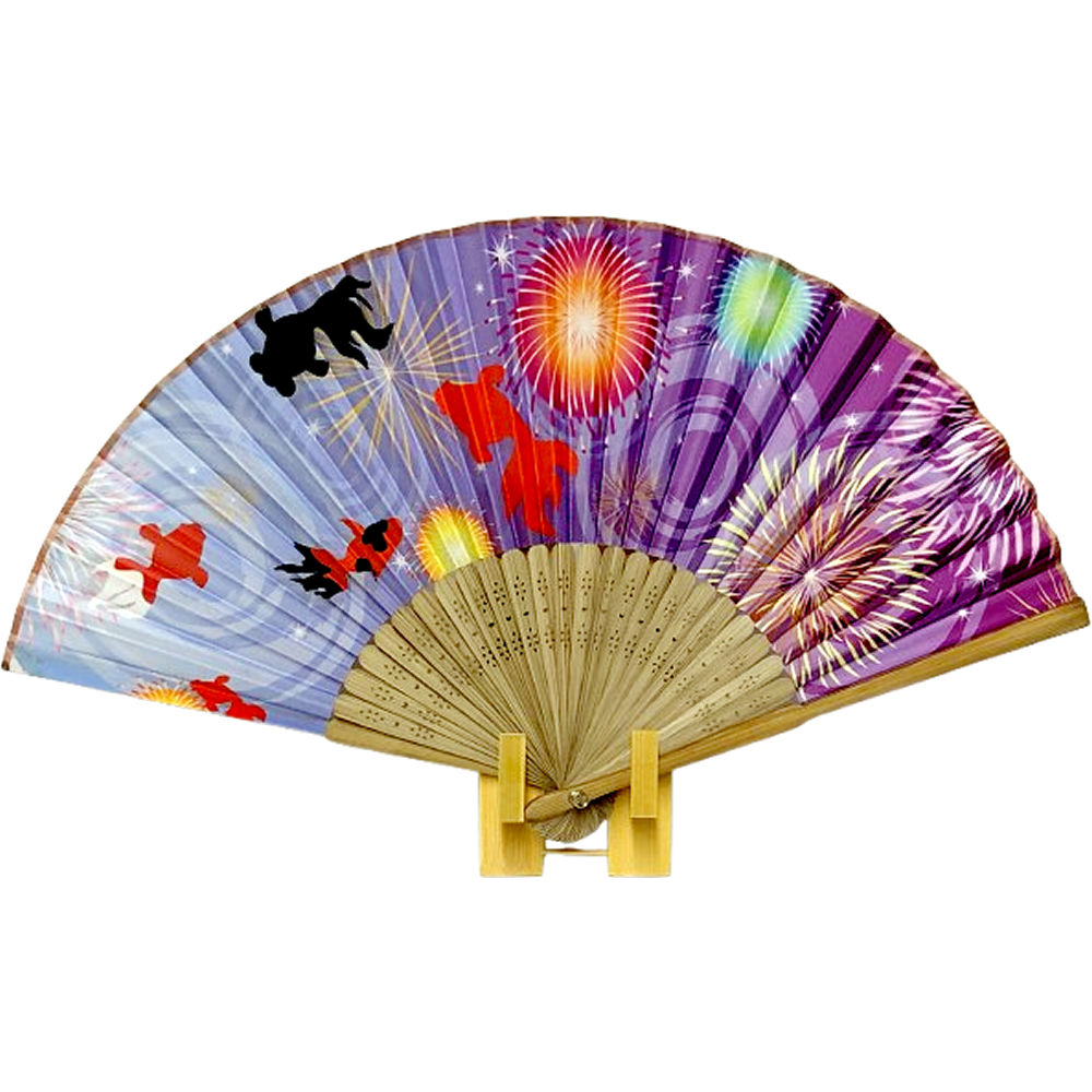 開運 扇子 金魚 花火 竹製扇子スタンド付き 金運向上 運気上昇 夏の