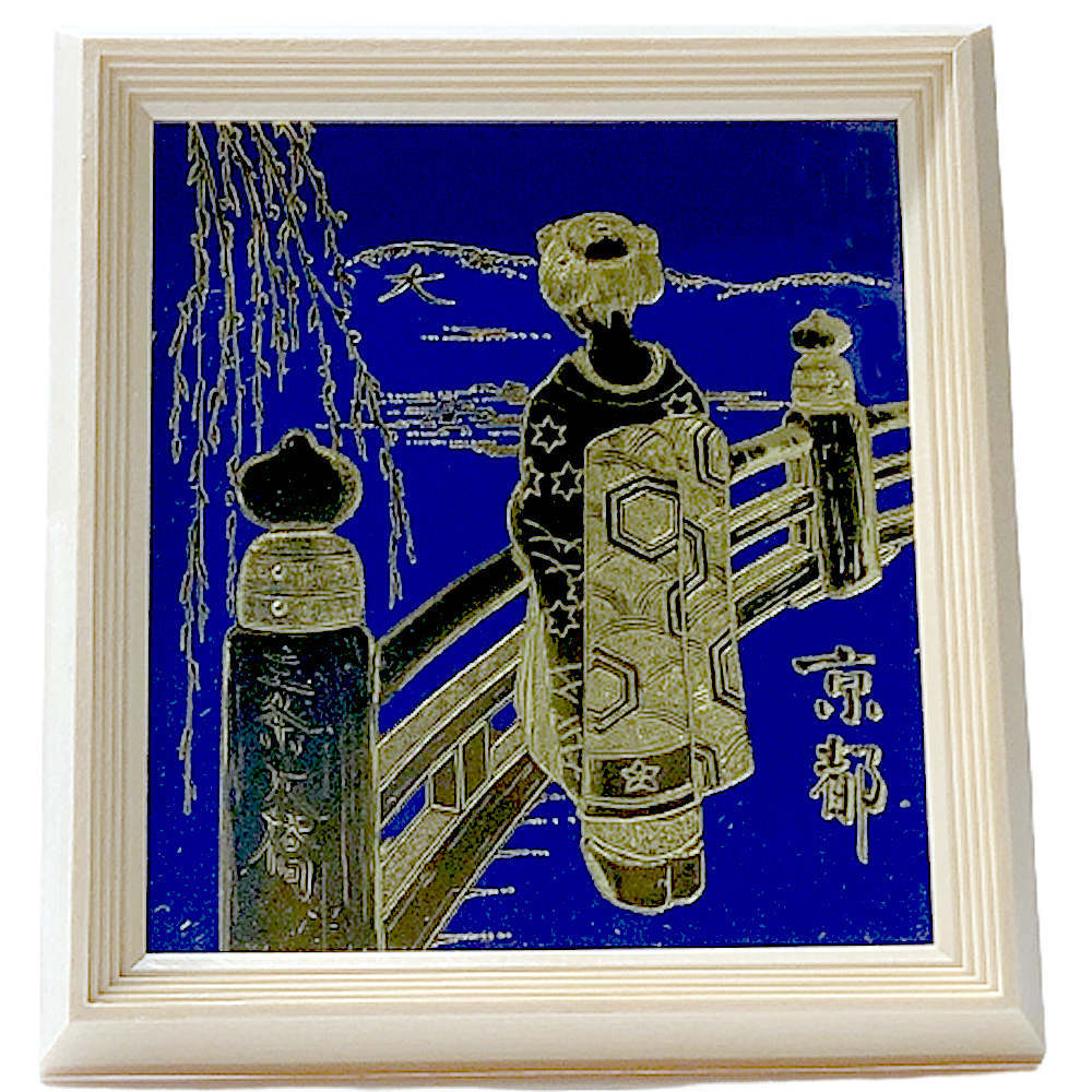 日本のお土産 観光パネル ミニ額 箔押し 京都 三条大橋 舞妓さん 額 青