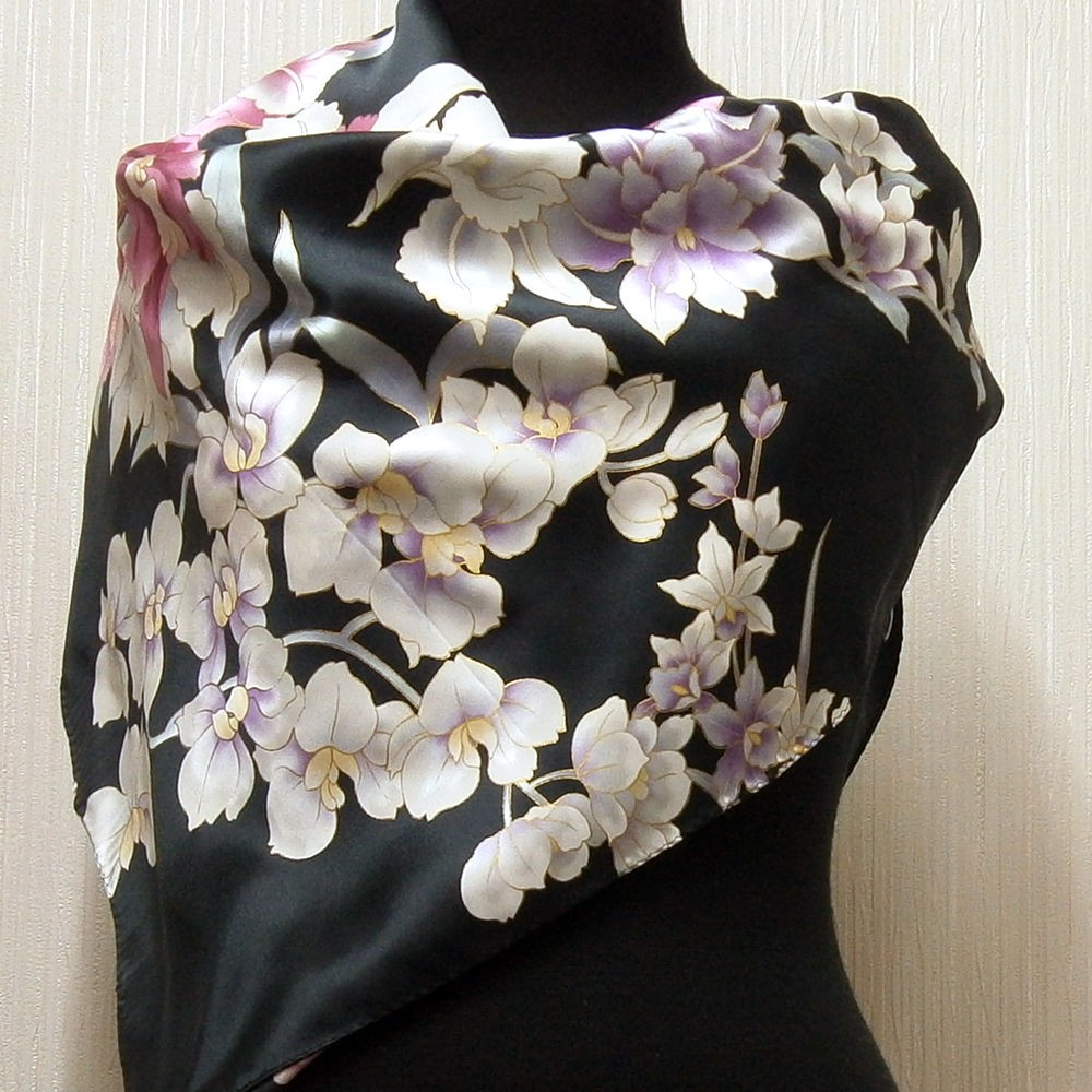 和風シルクスカーフ 蘭 黒 日本製 絹製品 シルク100％ 和風 日本