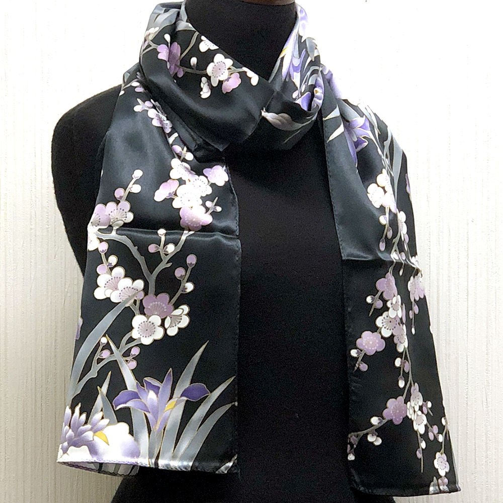 和柄シルクストール(ロングスカーフ) アヤメ 黒 日本製 絹製品 シルク 