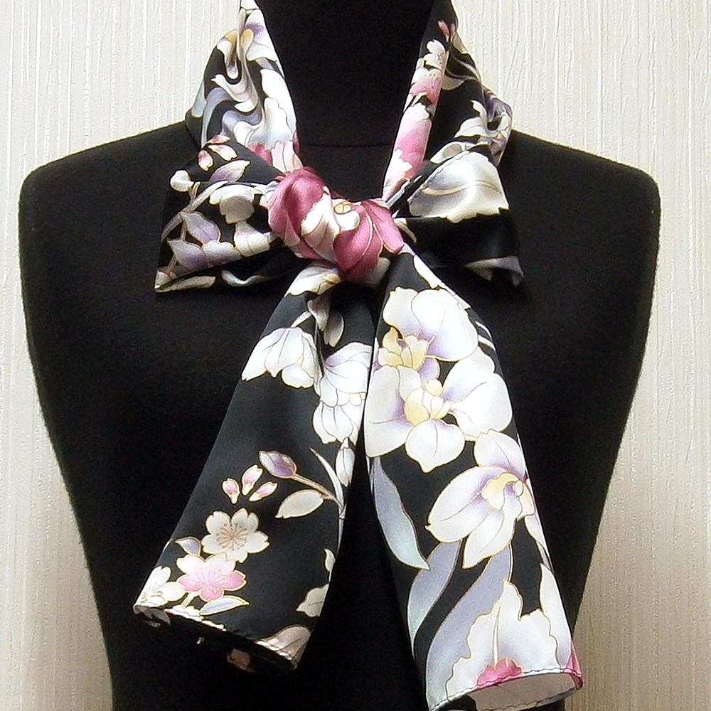和柄シルクストール(ロングスカーフ) 蘭 黒 日本製 絹製品 シルク100